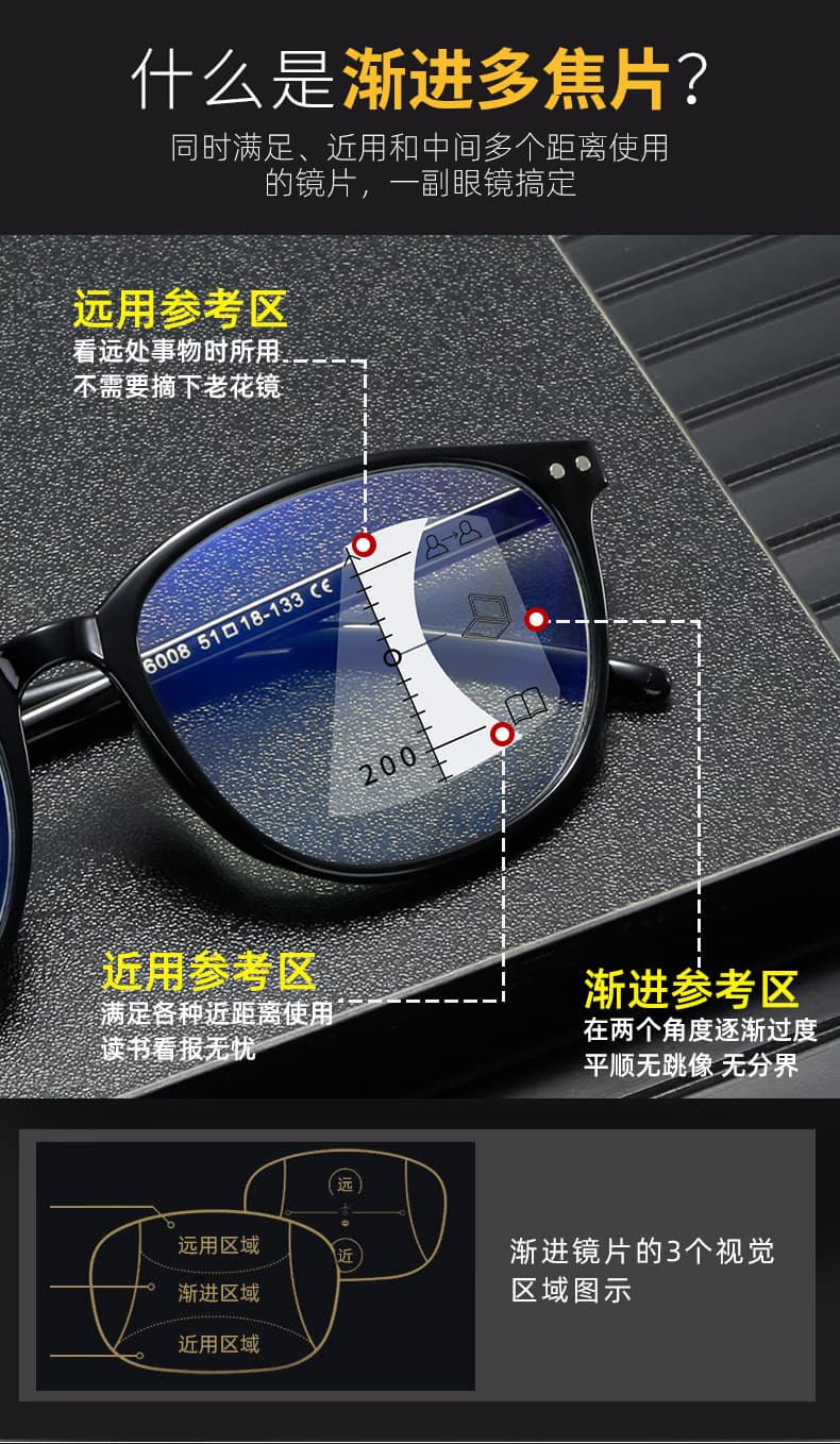渐进多焦点老花镜 防蓝光亮黑框