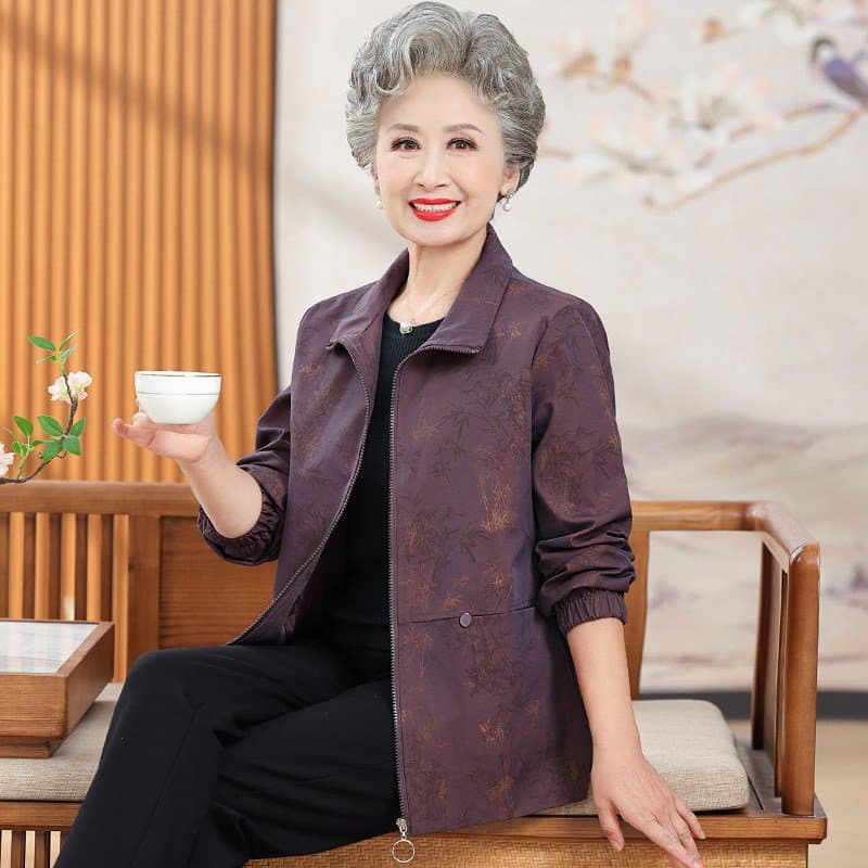 中老年女士春秋外套 翻领拉链夹克
