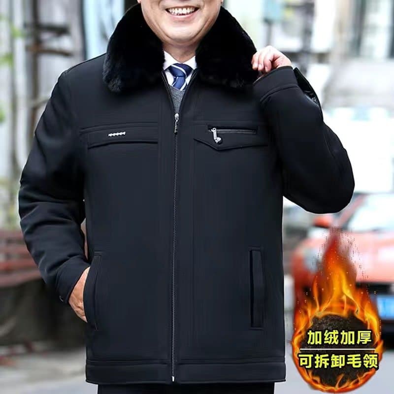 中老年男士加绒棉衣外套 可拆毛领