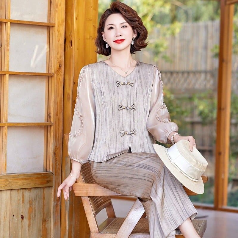中年妈妈夏季雪纺短袖两件套