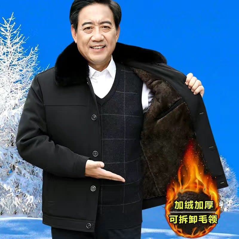 中老年男士加绒棉衣外套 可拆毛领