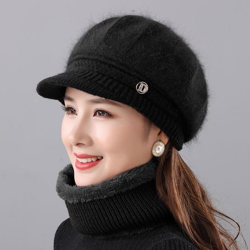 兔毛针织女帽 保暖带帽檐