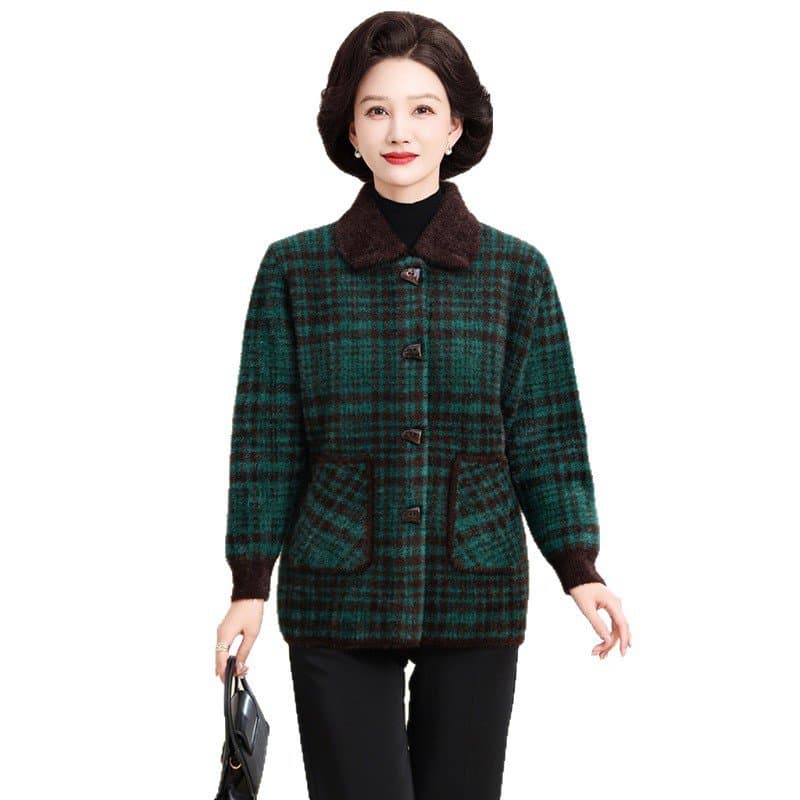 中老年女士加绒开衫外套 格纹翻领
