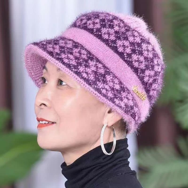 中老年女士加绒保暖帽 带护耳沿