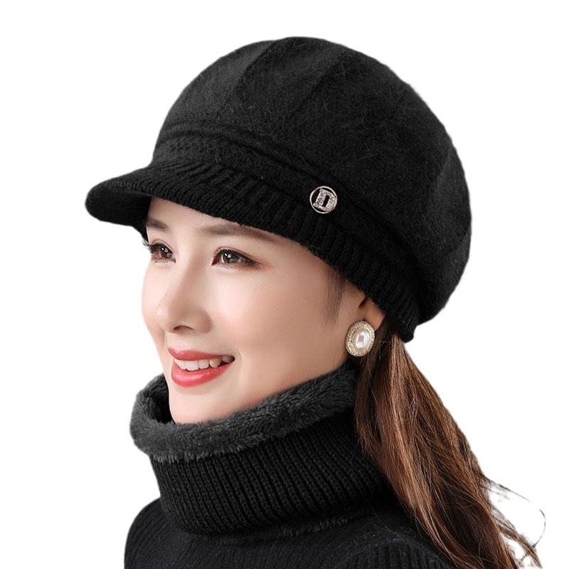 兔毛针织女帽 保暖带帽檐