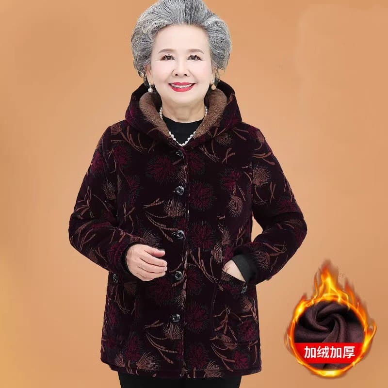 中老年女士加绒棉服 连帽保暖棉袄