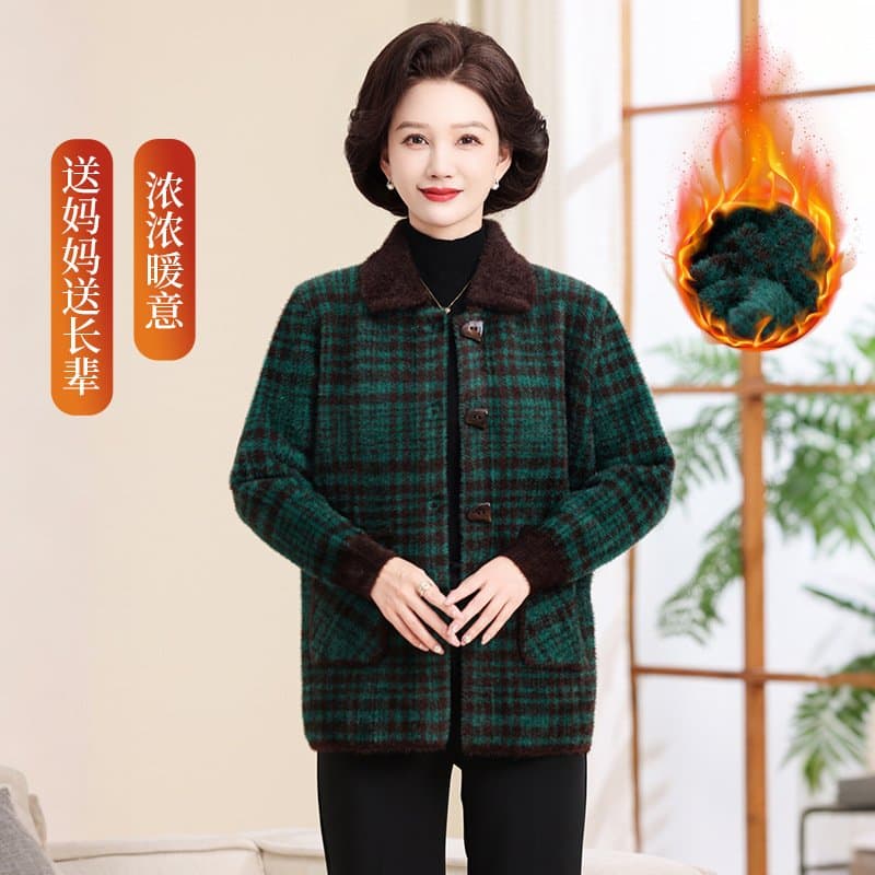 中老年女士加绒开衫外套 格纹翻领