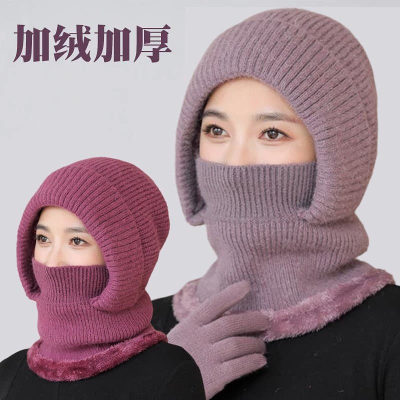 中老年女士加绒护脖帽 保暖连体