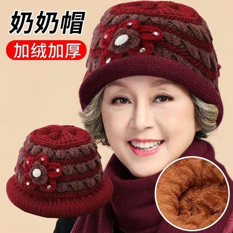 奶奶针织保暖帽 加绒加厚