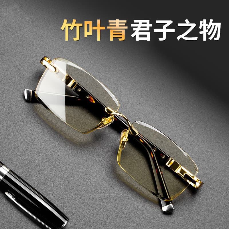 无框切边老花镜 金色镜腿 花纹腿