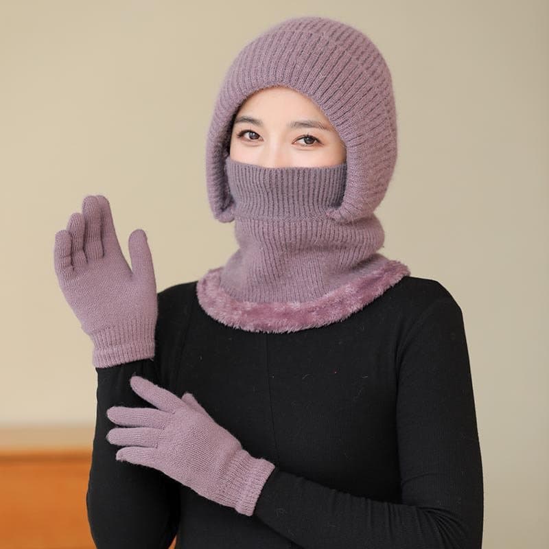 中老年女士加绒护脖帽 保暖连体