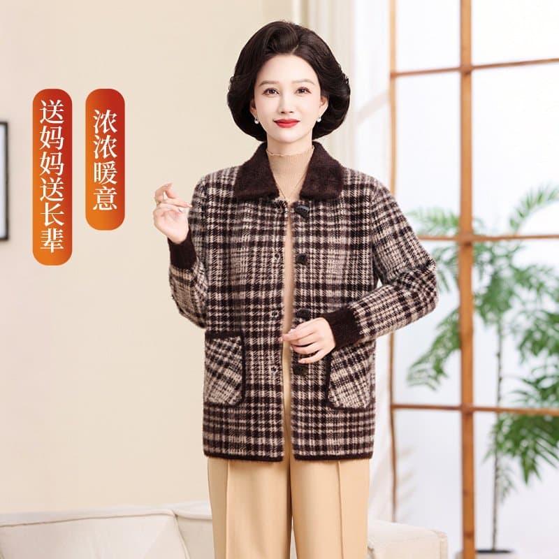 中老年女士加绒开衫外套 格纹翻领