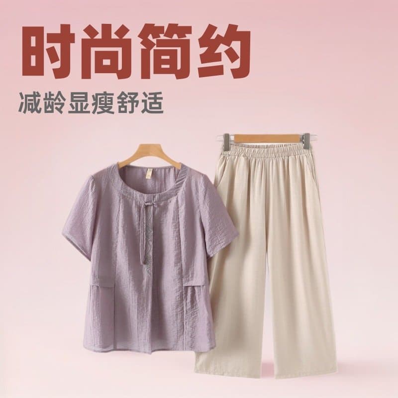 中老年女士夏季套装 宽松短袖