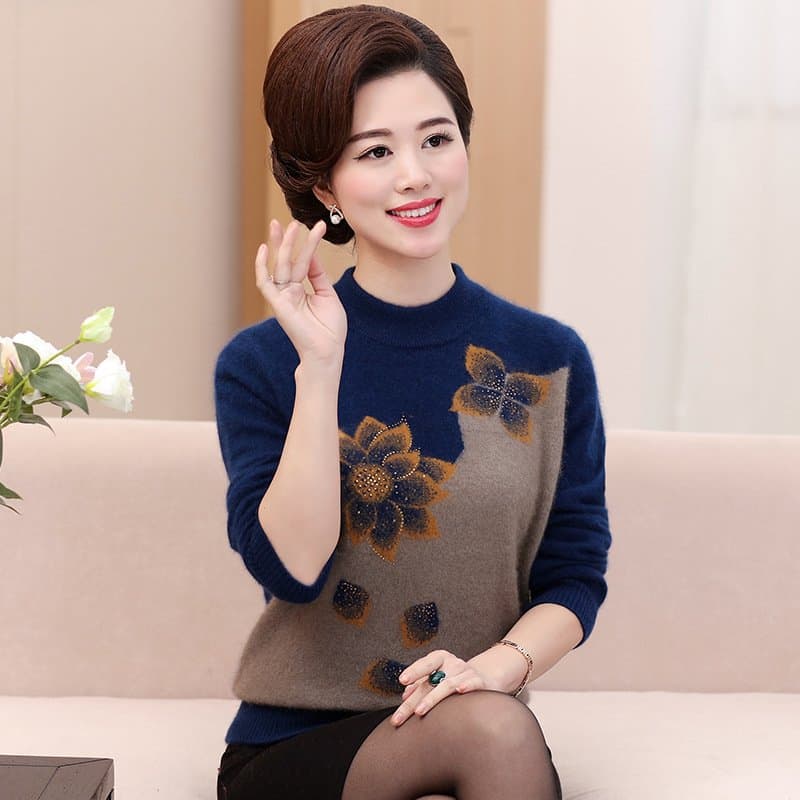 中老年女士圆领毛衣 可选加绒