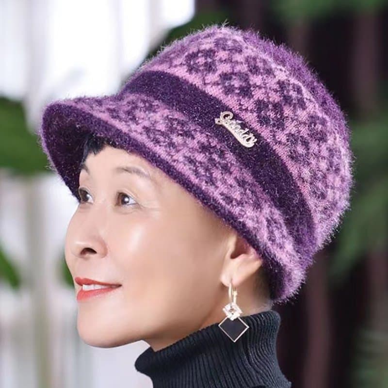 中老年女士加绒保暖帽 带护耳沿