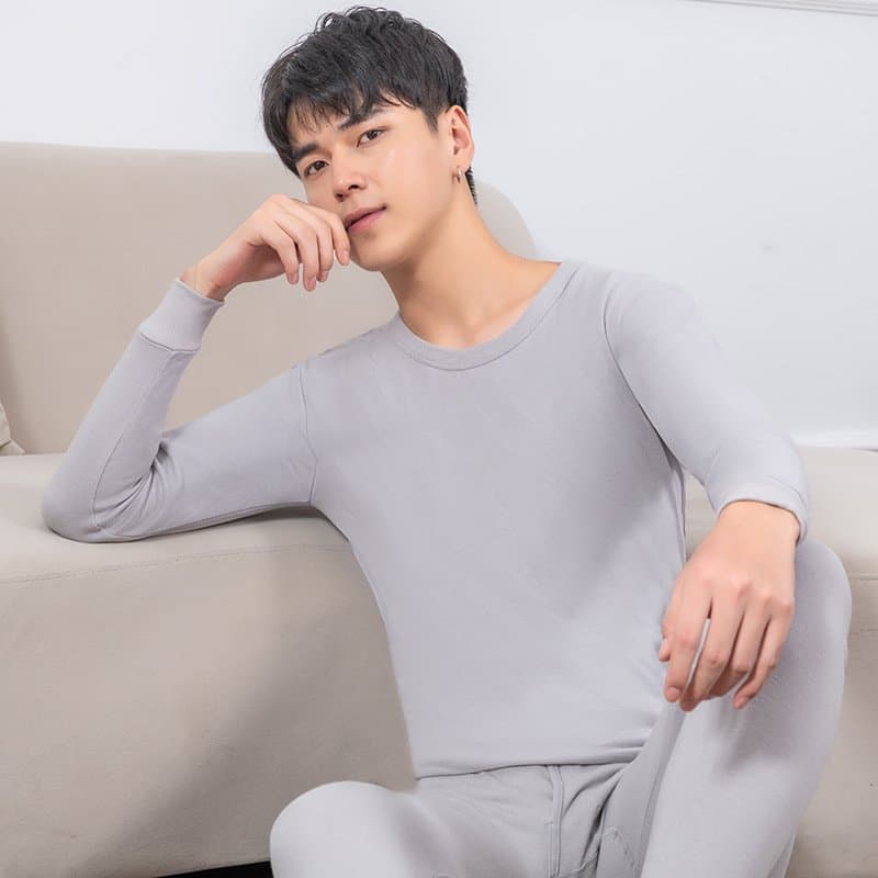 男士纯棉保暖内衣套装 圆领中领