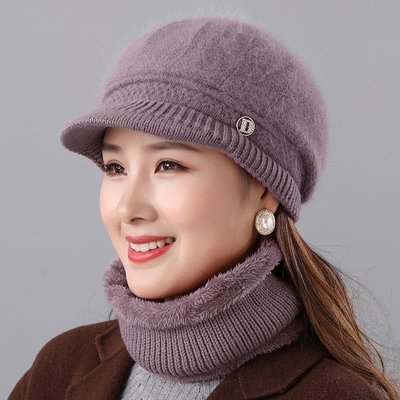 兔毛针织女帽 保暖带帽檐