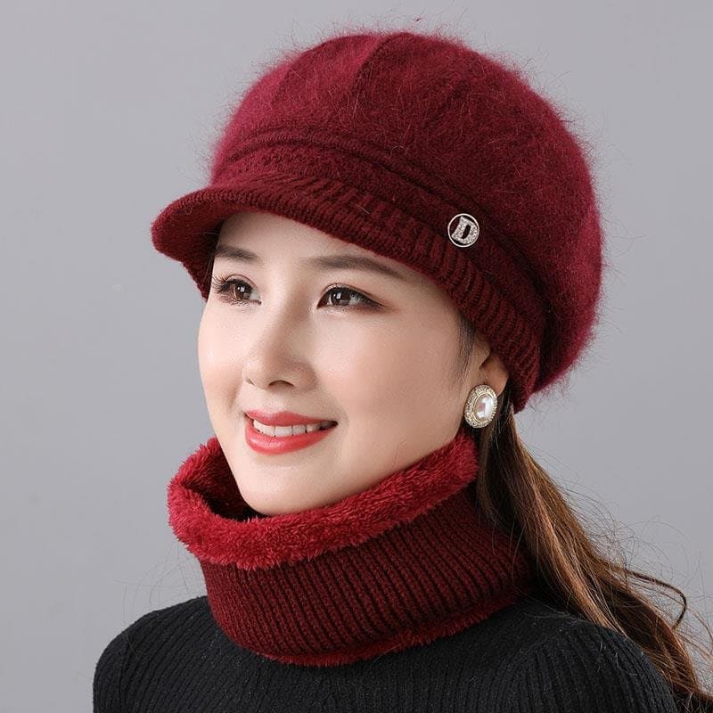 兔毛针织女帽 保暖带帽檐