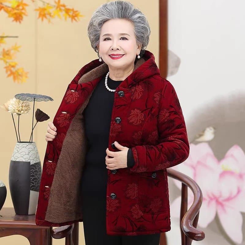 中老年女士加绒棉服 连帽保暖棉袄