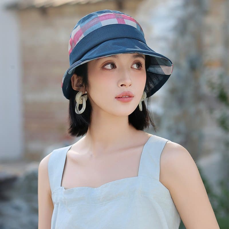 中老年女士格子遮阳渔夫帽