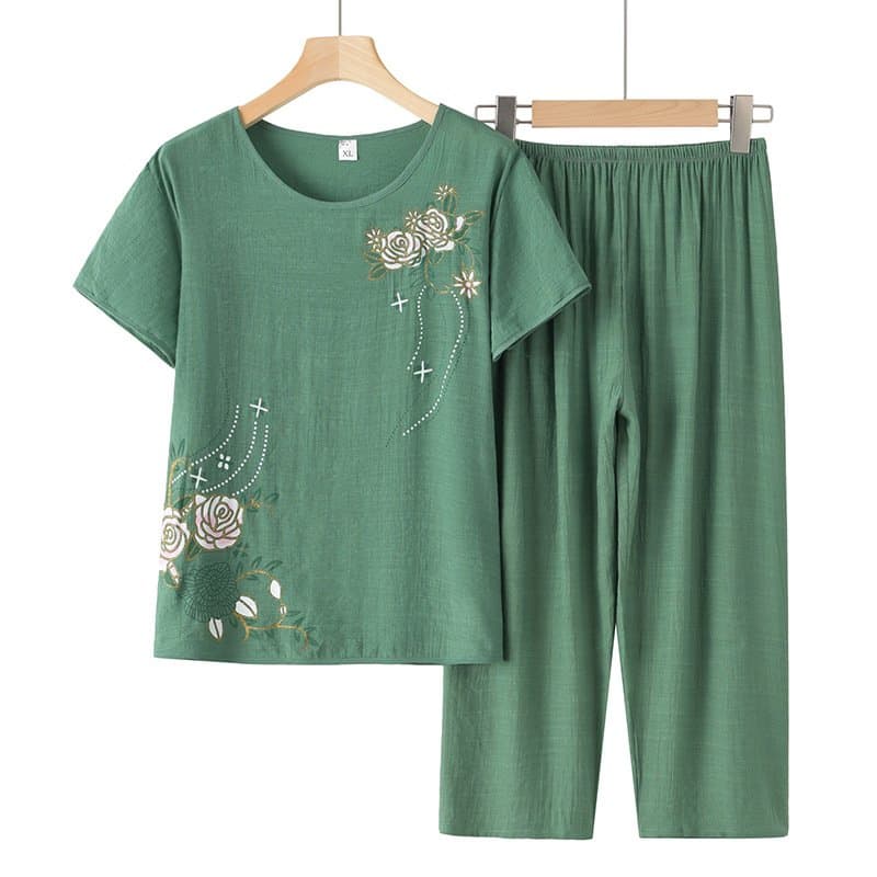 中老年短袖棉麻印花两件套 夏季