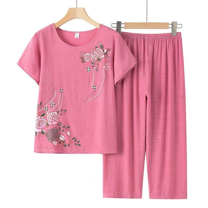 中老年短袖棉麻印花两件套 夏季