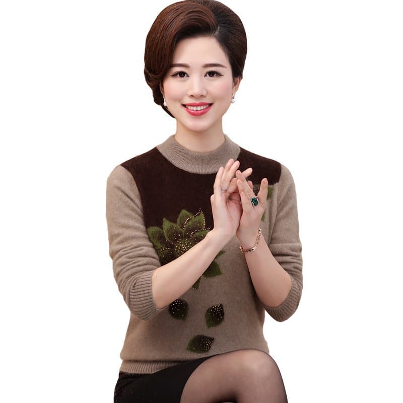 中老年女士圆领毛衣 可选加绒
