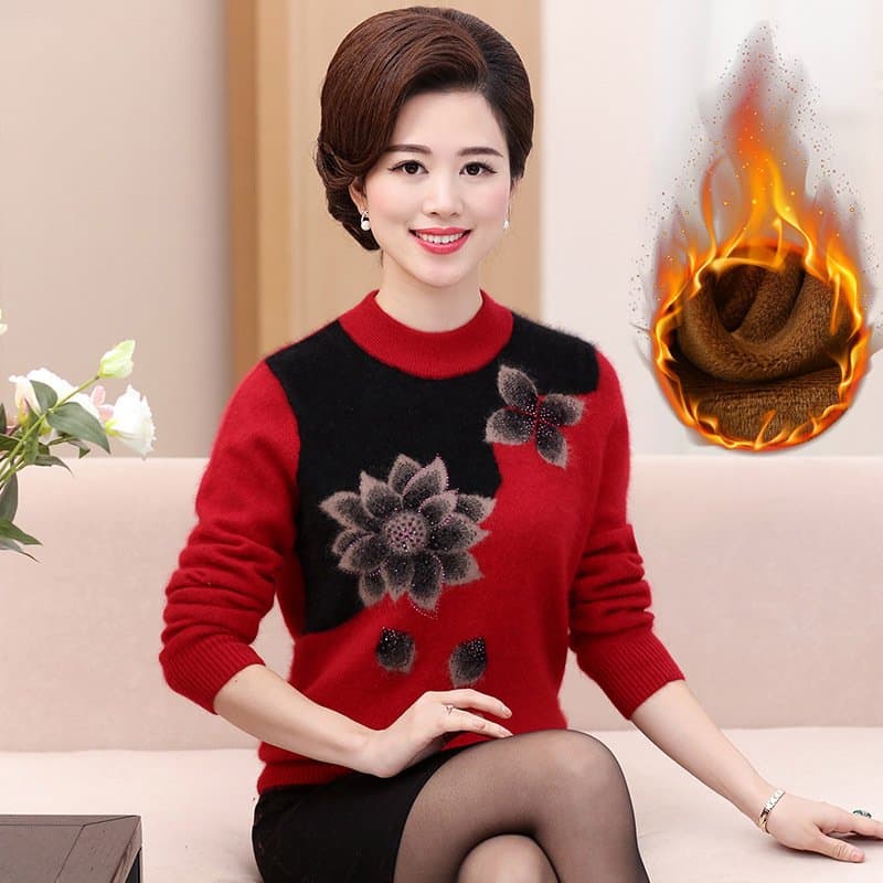 中老年女士圆领毛衣 可选加绒