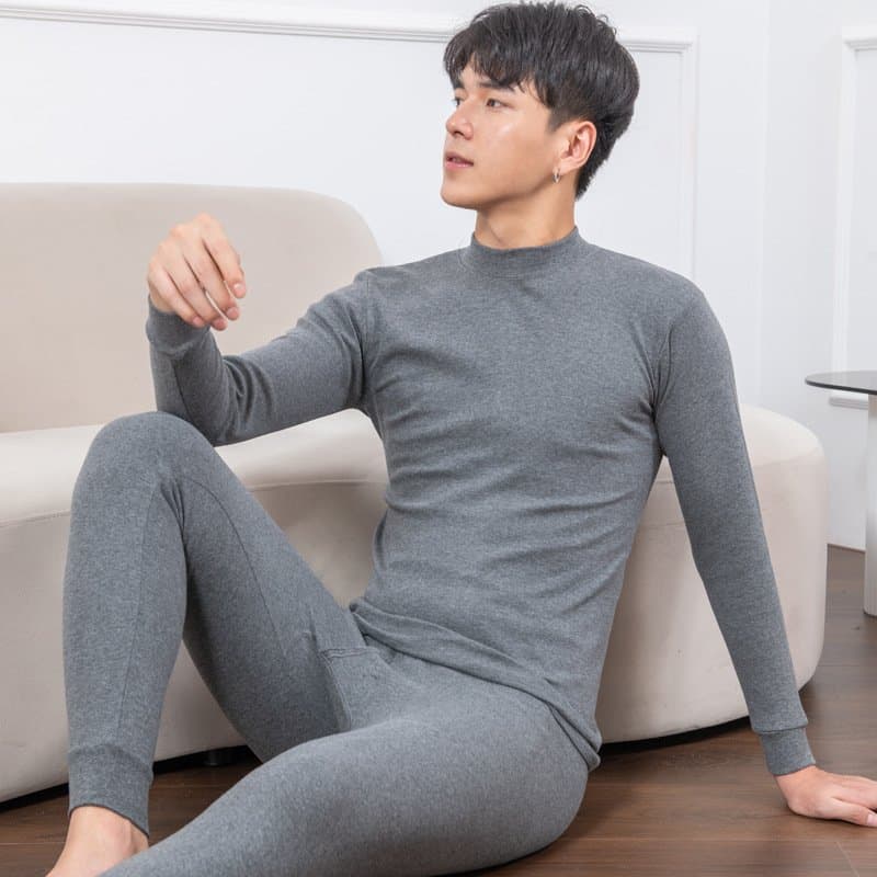 男士纯棉保暖内衣套装 圆领中领