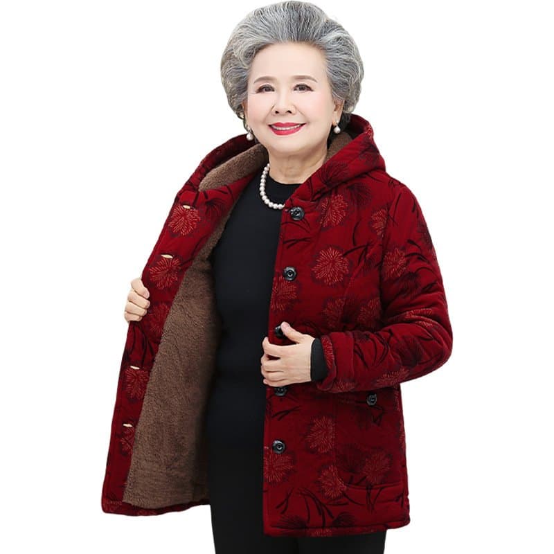 中老年女士加绒棉服 连帽保暖棉袄