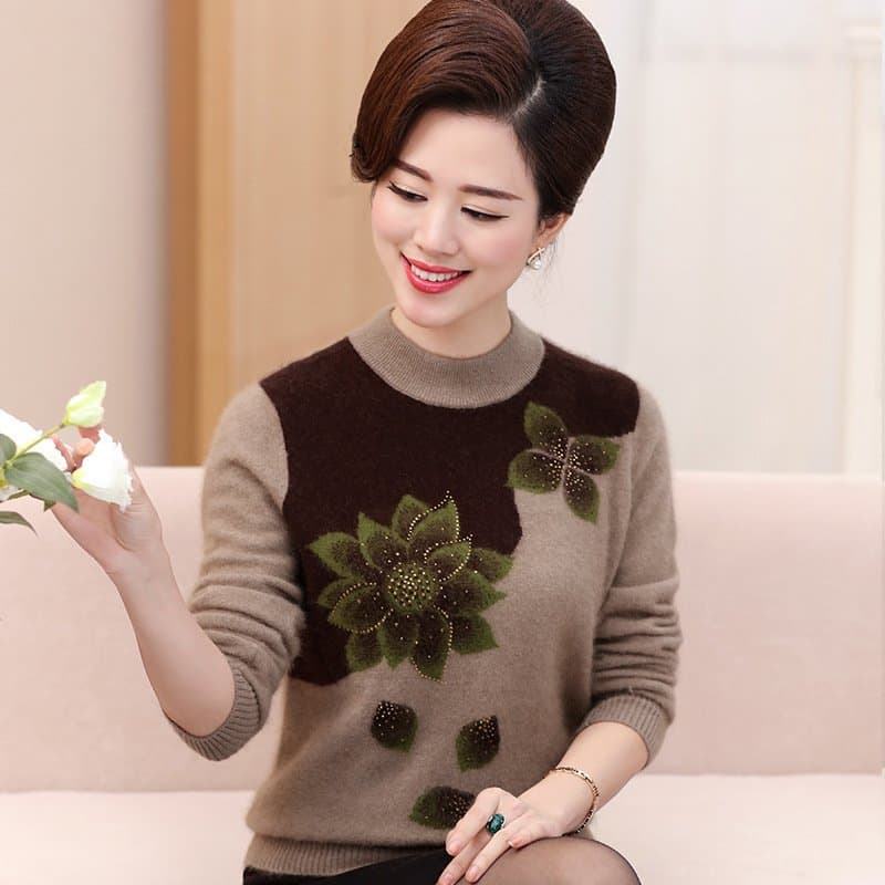中老年女士圆领毛衣 可选加绒