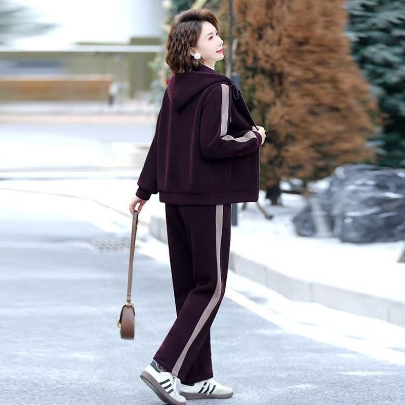 中老年妈妈加绒连帽运动套装
