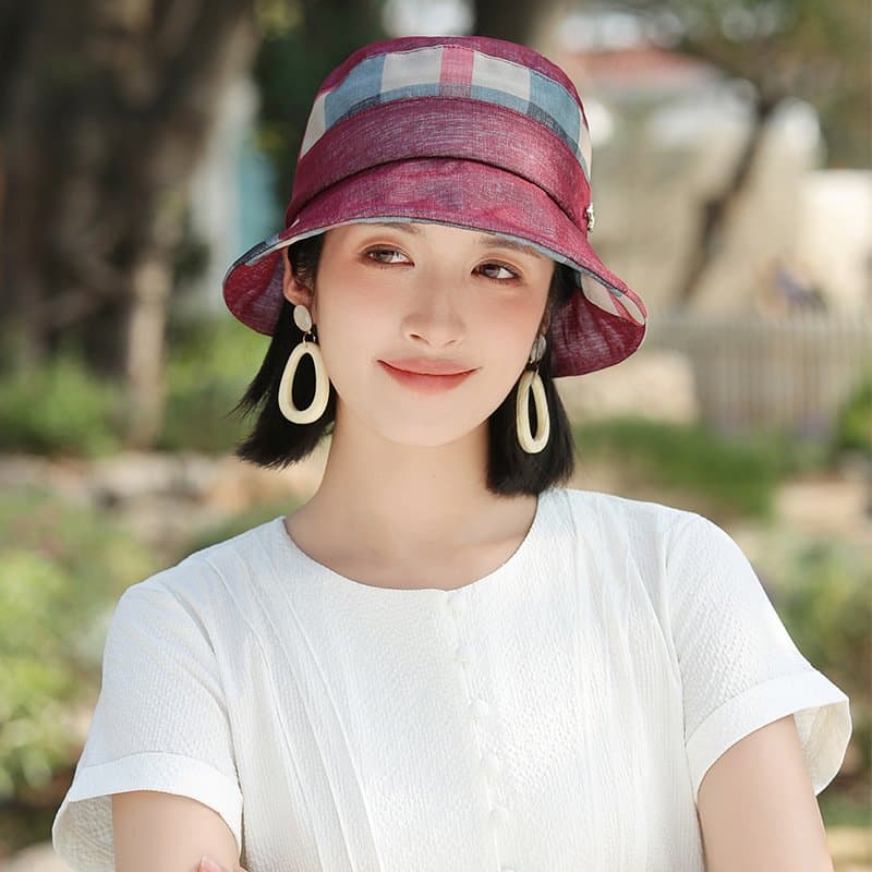 中老年女士格子遮阳渔夫帽