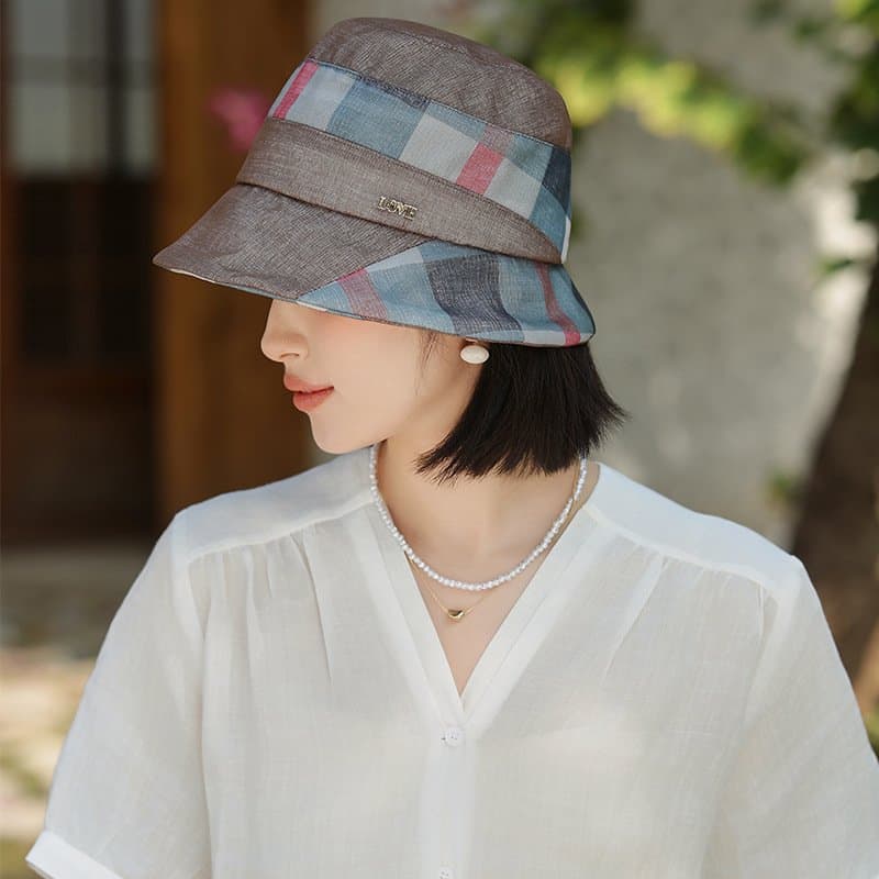 中老年女士格子遮阳渔夫帽