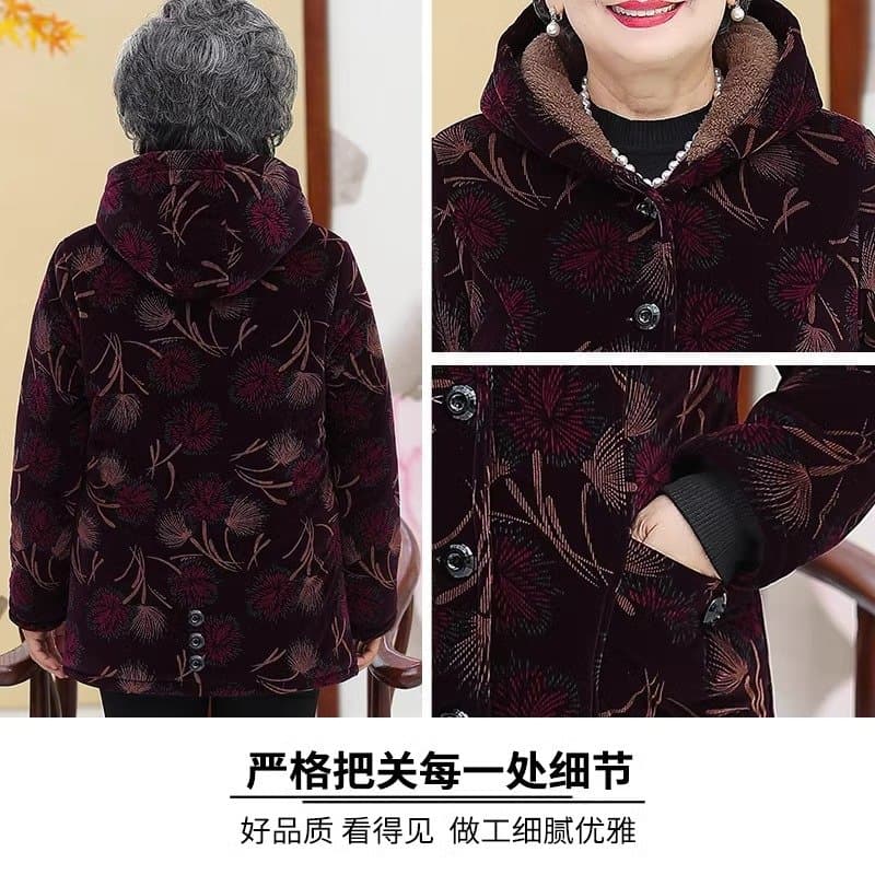 中老年女士加绒棉服 连帽保暖棉袄