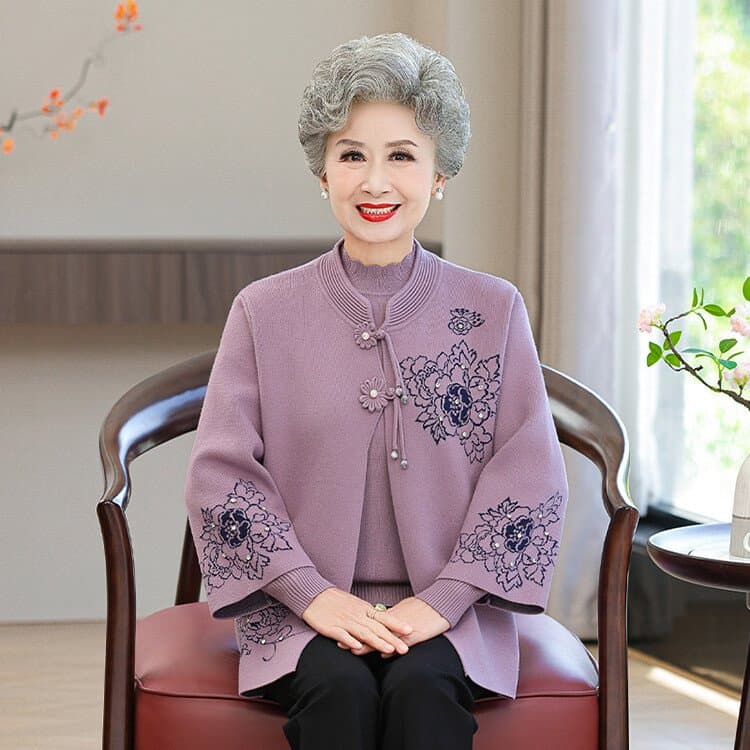 中老年毛衣开衫两件套 中式盘扣
