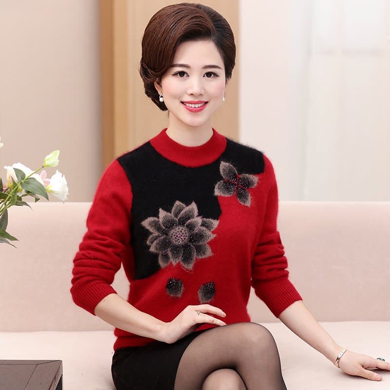 中老年女士圆领毛衣 可选加绒