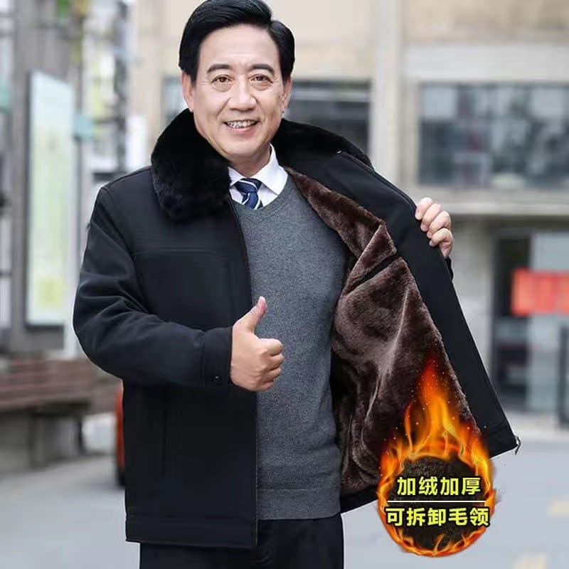中老年男士加绒棉衣外套 可拆毛领