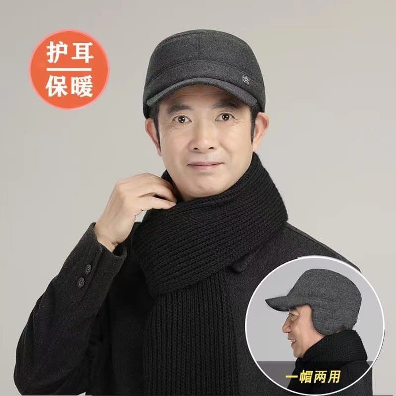 中老年男士保暖护耳平顶帽 加绒