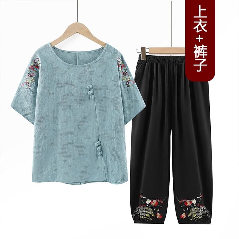 中老年女士夏季短袖套装 薄款透气